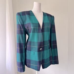 Vintage ‘90s Sassco Teal & Navy Blue Plaid Collarless Single Breasted Blazer